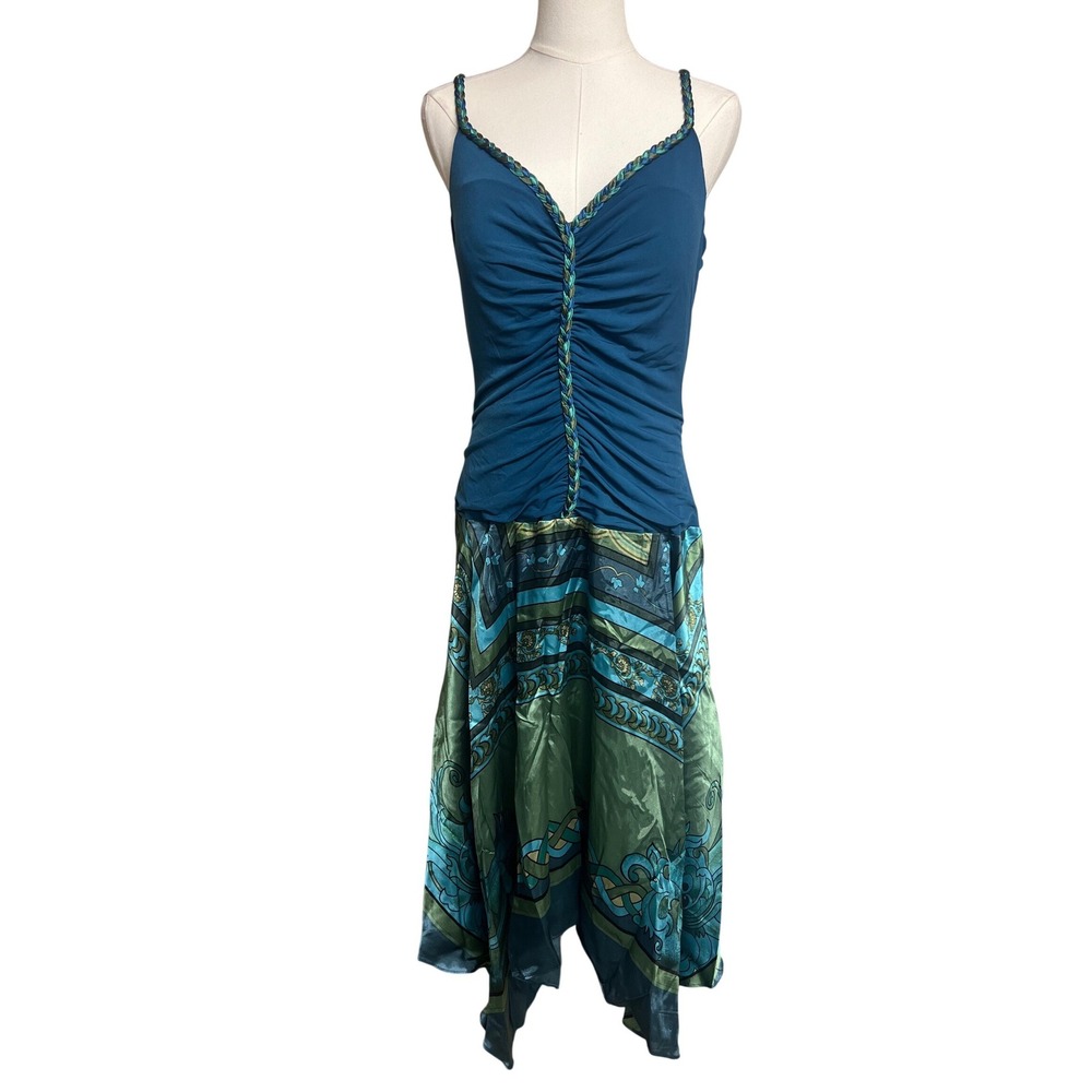 NWT Teal Ruched Handkerchief Hem Boho Midi Dress Size 14 Flirty Fairy
